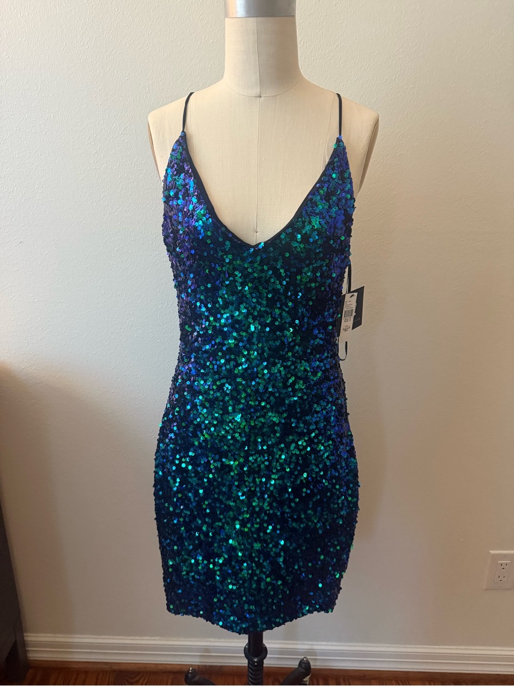 I.N. San Francisco Blue-Green Sequin V-Neck Mini Dress